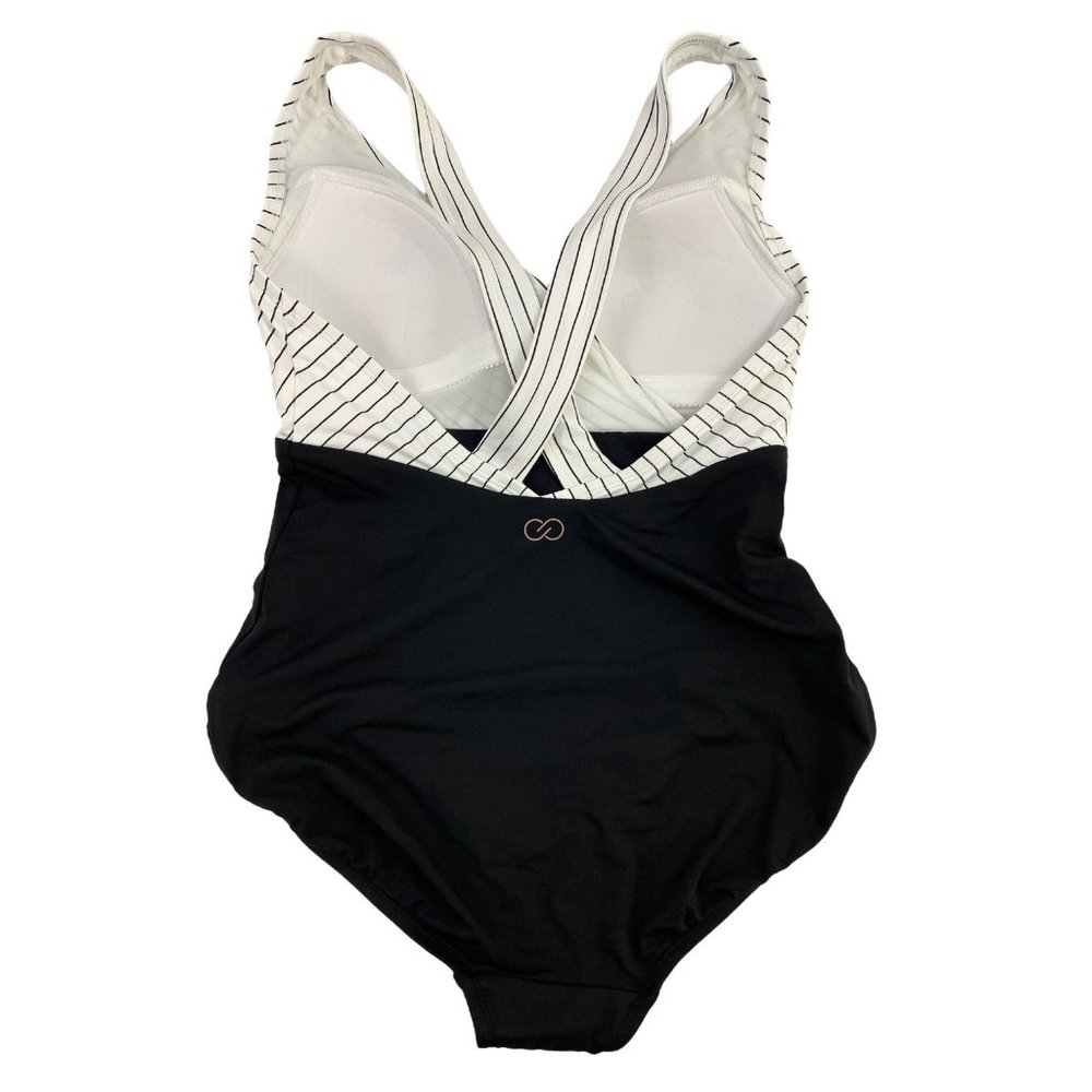CALIA by Carrie Underwood Black & White Stripe Cross Back One Piece Swimsuit 4 - Picture 2 of 9